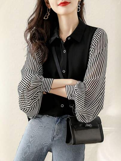 YUXIN 2025春夏韩版条纹拼接衬衫，灯笼袖雪纺拼接，宽松版型，休闲日常女式上衣