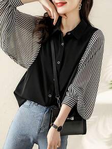 YUXIN 2025春夏韩版条纹拼接衬衫，灯笼袖雪纺拼接，宽松版型，休闲日常女式上衣 - 黑色 - 查看 6