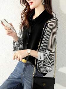 YUXIN 2025春夏韩版条纹拼接衬衫，灯笼袖雪纺拼接，宽松版型，休闲日常女式上衣 - 黑色 - 查看 7