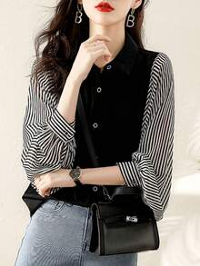 YUXIN 2025春夏韩版条纹拼接衬衫，灯笼袖雪纺拼接，宽松版型，休闲日常女式上衣 - 黑色 - 查看 5