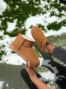 冬季保暖内衬雪地靴，防滑鞋底，时尚百搭款式，厚底踝靴 - 卡其色 - 查看 9