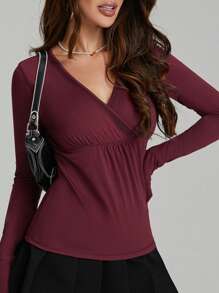 Women's Spring Slim Fit Tops Solid Color Long Sleeve Wrap V-Neck T-Shirt Streetwear - Đỏ - Xem 6