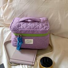 Bolsa de maquillaje a cuadros clásica, estuche para cosméticos con cremallera blanda y estampado de tela, organizador de tocador de viaje de gran capacidad con patrón a cuadros sencillo