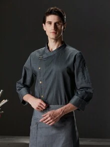 高端定制长袖厨师服，透气，男士舒适。双滚边设计，适用于餐饮、面包店、酒店厨房、餐厅、自助餐厅、西餐厅，秋冬春季长袖厨师制服，黑色和灰色可选，加大码 - 灰色 - 查看 6