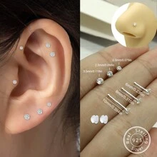 2 件 925 纯银迷你穿孔鼻钉，镶嵌锆石，可选耳钉尺寸 2.0 毫米/2.5 毫米/3.0 毫米，耳钉长度 6.0 毫米/8.0 毫米/10 毫米，耳环和鼻钉 - 銀色 - 查看 1