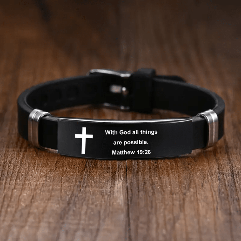 1pc Men's Adjustable Christian Bible Verse Bracelet, Stainless Steel & Silicone Strap With Cross And Scripture, Inspiring Religious Jewelry Gift For Husband, Father, Boyfriend, Son