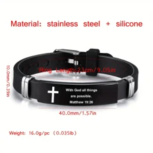 1pc Men's Adjustable Christian Bible Verse Bracelet, Stainless Steel & Silicone Strap With Cross And Scripture, Inspiring Religious Jewelry Gift For Husband, Father, Boyfriend, Son - Black - View 5