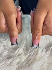 24pcs High-End Y2K Black Star Rhinestone French Medium Almond Pressed-On False Nails, Suitable For Women And Girls Daily Wear