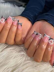 24pcs High-End Y2K Black Star Rhinestone French Medium Almond Pressed-On False Nails, Suitable For Women And Girls Daily Wear