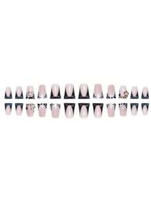 24pcs High-End Y2K Black Star Rhinestone French Medium Almond Pressed-On False Nails, Suitable For Women And Girls Daily Wear