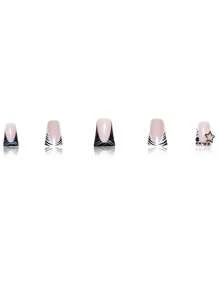 24pcs High-End Y2K Black Star Rhinestone French Medium Almond Pressed-On False Nails, Suitable For Women And Girls Daily Wear
