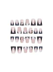 24pcs High-End Y2K Black Star Rhinestone French Medium Almond Pressed-On False Nails, Suitable For Women And Girls Daily Wear