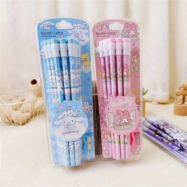 Sanrio 12 peças de lápis e 1 peça de lápis roller caixa de papelaria conjunto, lápis HB, escrita desenho lápis HB esboço canetas