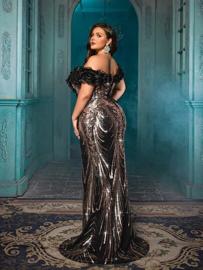 QOQ 华丽气质大码女式晚礼服优雅派对礼服适合晚会、联欢会、生日派对、舞会、颁奖典礼、毕业派对黑色花卉图案鱼尾礼服