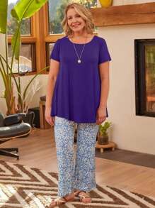 OUTBALL Casual Women's Plus Size Round Neck Short Sleeve Tunics - Summer Clothes For Leggings - 深紫色 - 查看 5