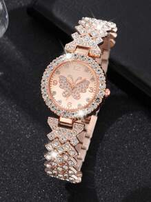 2pcs/Set Women's Rose Gold Stainless Steel Rhinestone Decorated Butterfly & Round Shaped Dial Quartz Watch And Alloy Bracelet, Suitable For Daily Wear Holiday