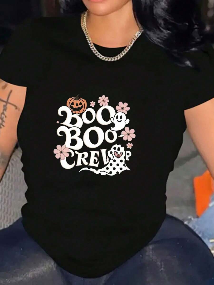 Women Boo Boo Crew Pattern Shirt Cotton Comfortable Short-Sleeve T-Shirt