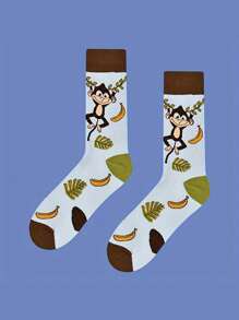 1 Pair Of Cartoon Cute Banana Monkey Print Mid-Tube Socks Comfortable Breathable Contrast Stockings Colorful Socks