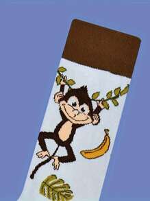 1 Pair Of Cartoon Cute Banana Monkey Print Mid-Tube Socks Comfortable Breathable Contrast Stockings Colorful Socks