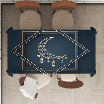 开斋节假期系列，开斋节穆几何图案月亮灯笼设计桌布，海军蓝色背景，印花斋月/开斋节桌布，开斋节，开斋节穆，隔热餐桌布，西式桌布，餐桌装饰