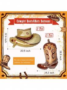 12pcs/Set Western Cowboy Party Balloons, Cowgirl Boot Balloon Cowboy Hat Foil Balloons,Suitable For Cowboy Party Decoration, Birthday Party, Indoor & Outdoor Theme Decoration, Back To School Valentine's Day