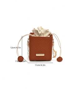 1pc Mini Pearl Chain Decor Solid Color PU Drawstring Crossbody Bag, Fashionable For Women Everyday Use - Brown - View 2