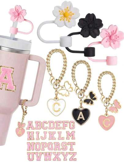 3 قطع من الاكسسوارات المصممة لأكواب 30-40 أونصة، علامات أحرف وردية لتمييز الأكواب وأغطية قش من السيليكون بشكل زهرة الخبيزة، أغطية قش قابلة لإعادة الاستخدام لقصبات كبيرة القطر 10 مم، ملحقات أحرف لطيفة لاصقة من الشينيل، ملحقات الأكواب. ضروريات العودة إلى المدرسة/الشاطئ