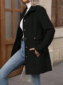 Płaszcz damski jednorzędowy z kołnierzem ściągającym w talii, długi, czarny