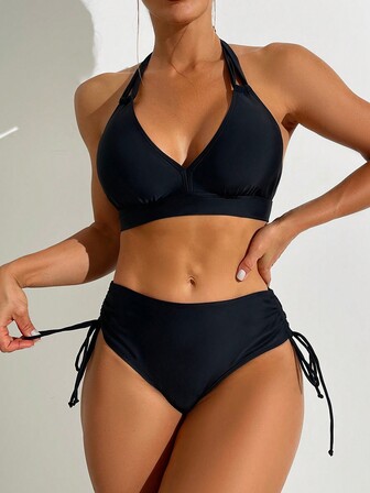 Women's Sexy Halter Backless Lace-Up Two-Piece Bikini Set Fashion High Waist Drawstring Bikini Set Two-Piece Set Summer Beach