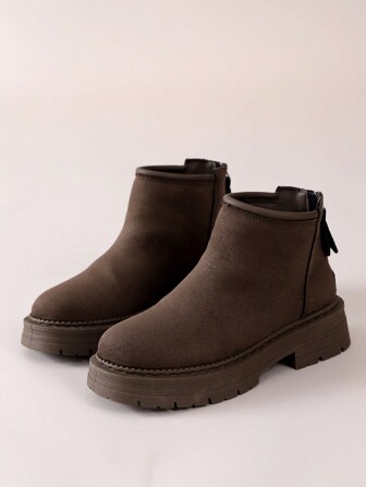 Women's Fashion Zipper Ankle Boots - Comfortable Mid-Heel Short Boots, Suede Matte Finish Ladies Shoes - Round Toe Stylish - Convenient Slip-On Dress Boots - Synthetic Leather Suitable For All Seasons - European Style Design - Made In Wenzhou