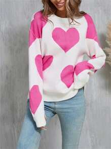 Women's Cute Heart Print Sweaters Long Sleeve Round Neck Loose Pullover Spring Fall Tops - White - View 2