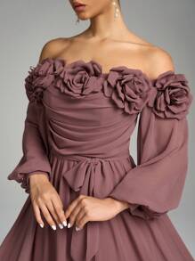 SUPGIR Off-Shoulder Long Sleeve Ruffle Hem Floral Decorated Elegant Dress, Bridesmaid Dress