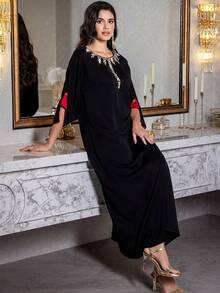 Long Arabic Style Evening Dress With Beaded Embellishments, Black Nida Crepe, Handmade Cuffed Sleeves, Suitable For Home Party, Festivals,Modest