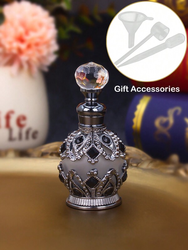 15 Ml Beautiful Vintage Round Enameled Glass Perfume Bottle, Refillable Essential Oil Container, Must-Have Accessory For Holiday Travel, Perfume And Essential Oil Dispenser Bottle, (No Perfume, Empty Bottle Only) + Essential Oil Refill Gift Set