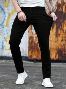 Men's Solid Color Stretch Slim Jeans Fashionable And Versatile Casual Straight Skinny Black Jeans Street Fashion Wear