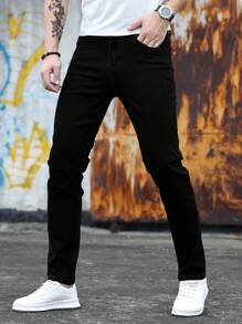 Men's Solid Color Stretch Slim Jeans Fashionable And Versatile Casual Straight Skinny Black Jeans Street Fashion Wear