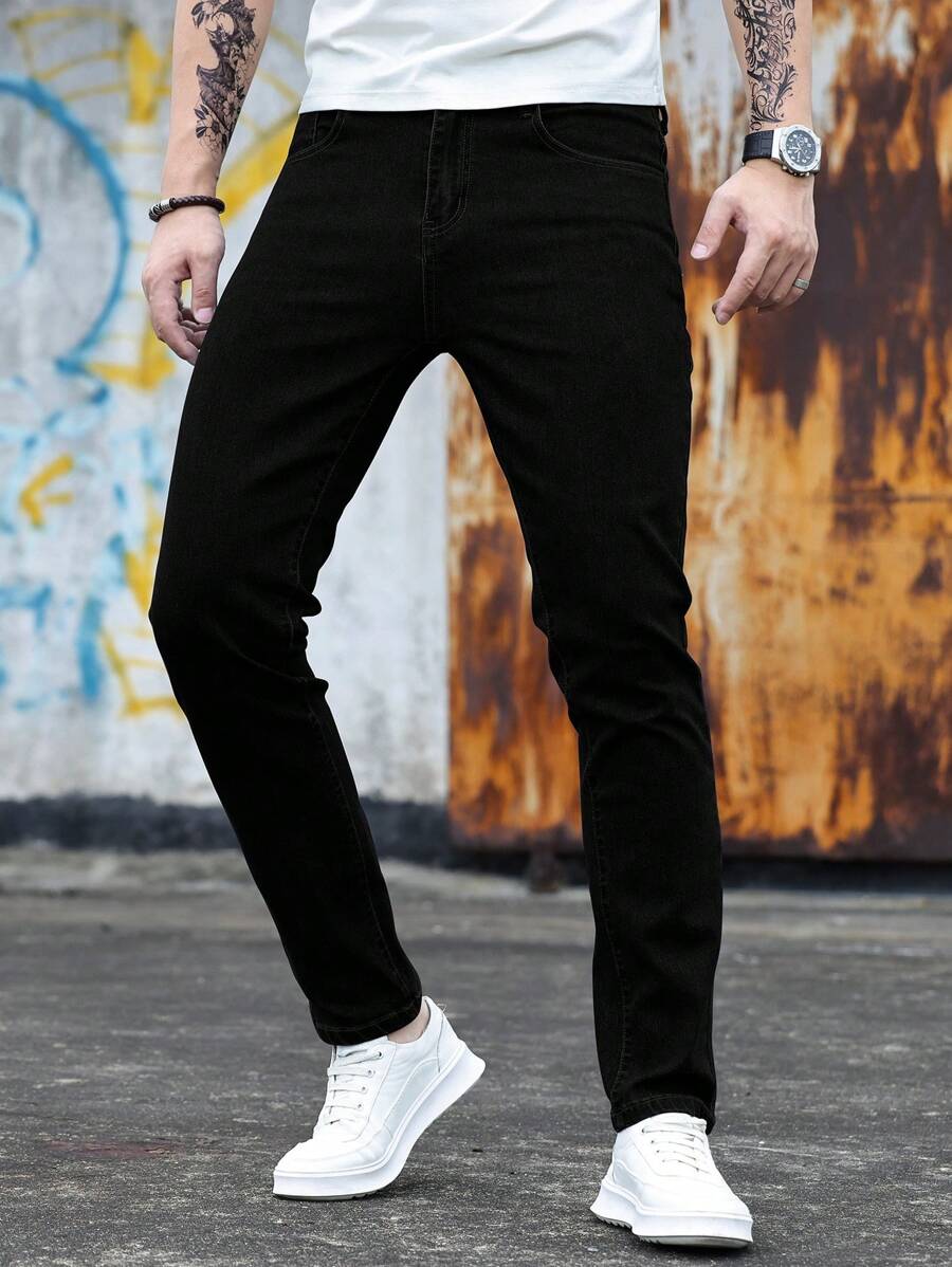Men's Solid Color Stretch Slim Jeans Fashionable And Versatile Casual Straight Skinny Black Jeans Street Fashion Wear