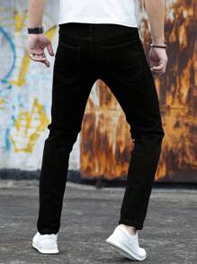 Men's Solid Color Stretch Slim Jeans Fashionable And Versatile Casual Straight Skinny Black Jeans Street Fashion Wear