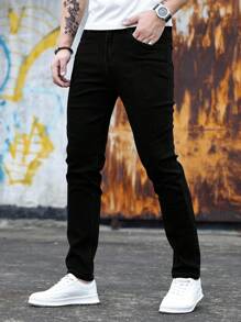 Men's Solid Color Stretch Slim Jeans Fashionable And Versatile Casual Straight Skinny Black Jeans Street Fashion Wear