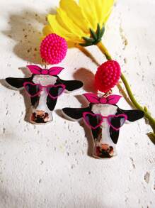 Pink Snail Hoa tai đính hạt cườm thủ công dễ thương vui nhộn, hình con bò đeo kính, hoa tai thả bằng nhựa Acrylic hình con bướm dành cho phụ nữ và trẻ em gái, mùa hè, mùa đông, kỳ nghỉ, ngày lễ, bãi biển, quà tặng tiệc tùng, quà tặng cho các cặp đôi - Bò thắt nơ đeo kính - Xem 5