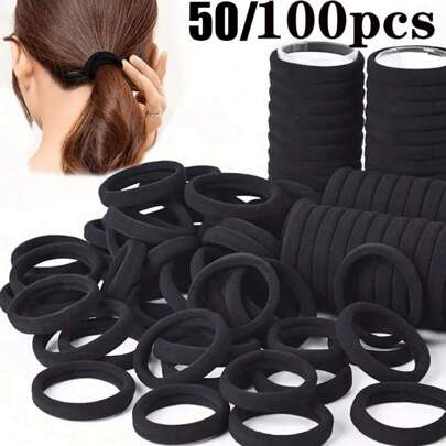 20个/50个/100个/200个/套 黑色和彩色高弹力发圈，简约无缝橡皮筋，适合扎马尾辫，纯色高弹力发圈，舒适，居家旅行必备发饰