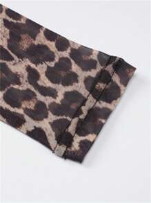 夏季女士豹纹圆领网纱连衣裙，性感透视长袖紧身连衣裙，适合晚宴派对