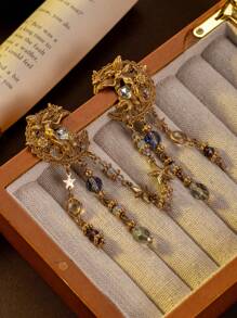 1 对高品质设计师奢华精致金色月亮天使流苏耳环，手工制作复古耳环厚重珠宝