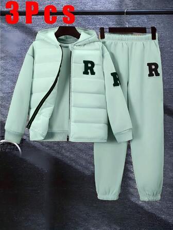 3 件套青少年男孩保暖服装 - 羊毛背心 + 运动衫 + 裤子，秋冬季