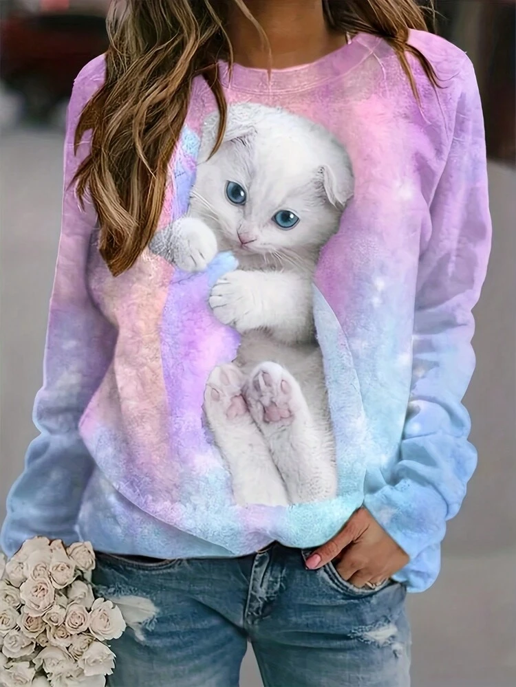 T-shirt Manches Longues Unisexe Fruit Of The Loom - Tête De Chat Blanc - Du S Au XXXXL + Enfant