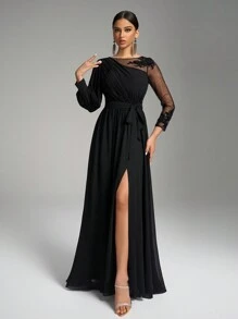 SUPGIR Asymmetrical Lantern Sleeve Luxury Splice Cinched Waist Black Formal Evening Dress, Party Dress, Wedding Guest Dress,Gown - Black - View 4