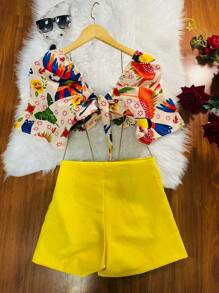 RAW CLOTHING One Size Shirt Set That Ties At The Back With Elastane And Print, Shorts With Zipper And No Pocket - 黃色 - 查看 2