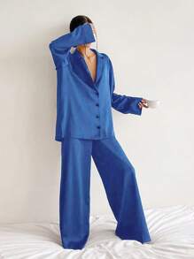 Elegant Fashion Silk-Like Pajama Set For Women - Stylish Western-Cut Deep V-Neck Button-Up Cardigan Sleepwear, Perfect For Lounging & Light Outdoor Activities - Xanh đậm - Xem 1
