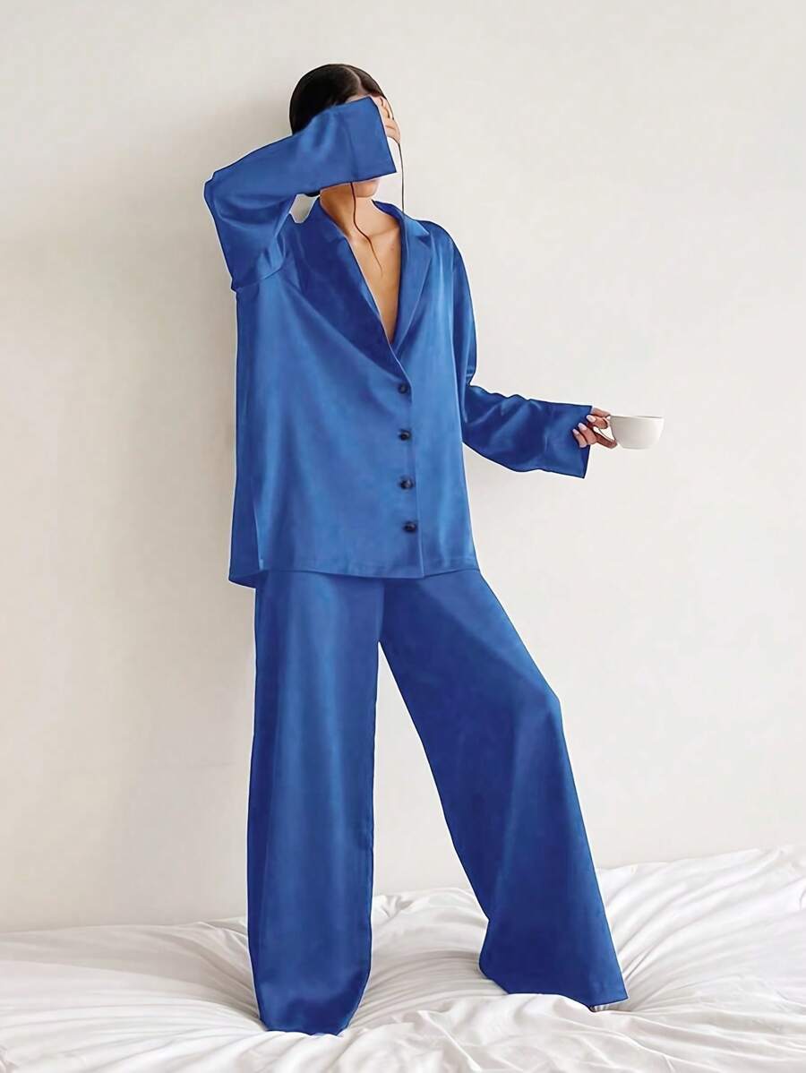 Elegant Fashion Silk-Like Pajama Set For Women - Stylish Western-Cut Deep V-Neck Button-Up Cardigan Sleepwear, Perfect For Lounging & Light Outdoor Activities - Xanh đậm - Xem 1