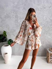 Fashionable Flower Random Print V-Neck Long Sleeve Jumpsuit - Apricot - View 6